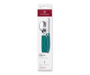 Victorinox Classic Lot de couverts pour pique-nique, 3 pièces, Couverts de voyage, Avec couteau pliant, fourchette et cuillère, Poignées plastique solides, Vert