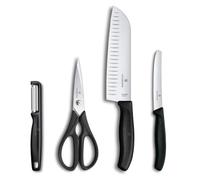 Victorinox Classic Lot de cuisine pour pros, 4 pièces, Avec éplucheur, ciseaux, couteau Santoku et à tomates, Tranchants, 7-17 cm, Poignées plastique, Noir
