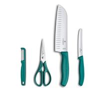 Victorinox Classic Set de Cuisine 4 Pièces, Couteau Santoku et à Tomates | Comprend éplucheur et ciseaux universels, lames en acier inoxydable de 7-17 cm, manches ergonomiques verts