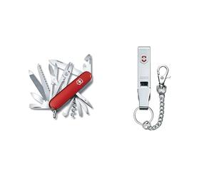 Victorinox Handyman, Swiss Army Knife, Couteau multifonction, Léger, Multitool, 24 Fonctions, Grand Lame, Tire Bouchon, Metal Voir, Rouge & Passe-ceinture «Multiclip» + chaîne (couleur argent), Gris