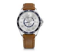 Victorinox Montre Homme FieldForce Classic GMT Ø 42 mm, Swiss Made, Quartz Analogique, Étanche Jusqu’à 100 m, Bracelet Cuir, Argent Blanc/Brun