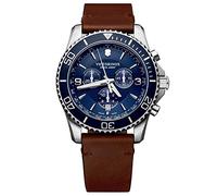 Victorinox Montre Homme Maverick Chronograph Ø 43 mm, Swiss Made, Quartz Analogique, Étanche Jusqu’à 100 m, Bracelet Cuir, Bleu/Brun