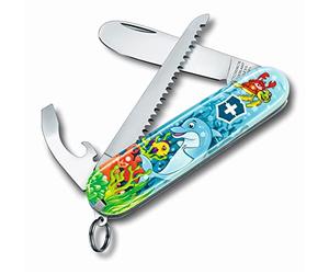 Victorinox My First Victorinox Couteau de Poche Suisse Enfants 9 Fonctions | Lame a bout arrondi avec scie a bois et tournevis, ideal pour camping et bricolage, 84 mm, Dauphin, Fabrique en Suisse