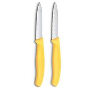 Victorinox Set de 2 Couteaux de Cuisine, Couteau à Tomates et Éplucheur | Lames en acier inoxydable de 8 et 11 cm, tranchant lisse et dentelé, manches ergonomiques jaunes, fabriqué en Suisse