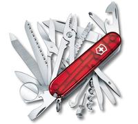 Victorinox Swiss Army Knife Swiss Champ - Couteau de Poche 33 Fonctions | Multitool avec pince, ciseaux, loupe et scie pour camping et outdoor. 91 mm, ABS rouge transparent. Fabriqué en Suisse
