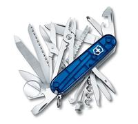 Victorinox Swiss Champ Couteau de Poche Suisse, Léger, Multitool, 33 Fonctions, Lame, Ciseaux, Tire Bouchon, Bleu Transparent
