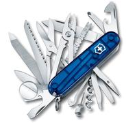 Victorinox Swiss Champ Couteau de Poche Suisse, Léger, Multitool, 33 Fonctions, Lame, Ciseaux, Tire Bouchon, Bleu Transparent
