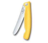 Victorinox Swiss Classic Couteau de pique-nique pliable pour randonnées, fruits, légumes, petits pains, saucisses, à lame crantée, extra-tranchante, Jaune