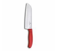 Victorinox Swiss Classic Couteau Santoku, Couteau de type asiatique, Lame extra tranchante, Taille en forme de bulbe, 17 cm, Acier inoxydable, Blister, Rouge