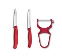 Victorinox Swiss Classic Set 3 Couteaux d'Office avec Éplucheur, Couteau de Cuisine pour Fruit et Légumes, Acier Inoxydable, Compatible Lave-Vaisselle, Rouge