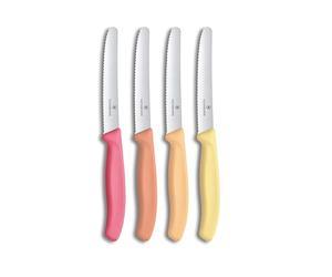 Victorinox Swiss Classic Set de 4 Couteaux à Tomates et de Table, 11 cm | Lames dentées de 11 cm pour fruits et légumes, manches ergonomiques colorés, polypropylène, compatible lave-vaisselle.