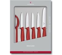Victorinox Swiss Classic Set de couteaux de cuisine, 6 pièces, Couteau à légumes, à tomates, à petit déjeuner et éplucheur, Manche plastique robuste, Acier inoxydable, Rouge