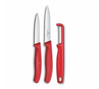 Victorinox Swiss Classic Set de Couteaux de Cuisine et Éplucheur, 3 Pcs | Lame crantée et lisse pour couper tomates et légumes, manche ergonomique en polypropylène, rouge, Fabriqué en Suisse