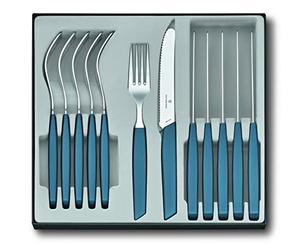 Victorinox Swiss Modern Ensemble de Couverts, 12 Pièces, Bleu Bleuet | Set de 6 fourchettes et 6 couteaux de table à lame crantée, manches en plastique robuste, acier inoxydable, Swiss Made