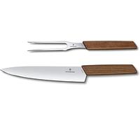 Victorinox Swiss Modern Set à Découper, Couteau et Fourchette, 2 pcs, Brun | Set professionnel avec couteau à découper et fourchette à viande en acier inoxydable et bois de noyer. Fabriqué en Suisse