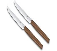 Victorinox Swiss Modern, Set de couteaux à steak professionnels, 2 pièces, Lame extra-tranchante, tranchant droit, 12 cm, manche en bois, Acier inoxydable, brun