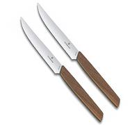 Victorinox Swiss Modern, Set de couteaux à steak professionnels, 2 pièces, Lame extra-tranchante, tranchant cranté, 12 cm, Manche en bois noble, Acier inoxydable, brun