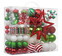 Victor's Workshop 100pcs 3-15cm Boules de Noël Rouge Vert Blanc, Lot de Décorations d'arbre de Noël à Suspendre Paillette Mat Brillant, Boule Traditionnelle avec Étoile pour Sapin en Plastique