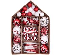 Victor's Workshop 70pcs Boules de Noël 3-10cm Rouge Blanc,Décoration Suspendu pour l'arbre de Noël, Ornement avec Étoile pour Sapin de Noël, Boîte-cadeau D'emballage en Papier Kraft en Forme de Maison