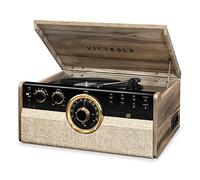 Victrola Empire - Platine Vinyle 6-en-1 avec Haut-parleurs, Bluetooth, Radio, Cassette, CD, Sortie RCA et Casque - Style Mid-Century en Noyer Fermier
