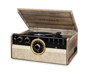 Victrola Empire - Platine Vinyle 6-en-1 avec Haut-parleurs, Bluetooth, Radio, Cassette, CD, Sortie RCA et Casque - Style Mid-Century en Noyer Fermier