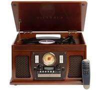 Victrola Navigator - Platine Vinyle Bluetooth 8-en-1 avec Haut-parleurs, CD, Cassette, Radio FM, USB, RCA, Casque, Streaming sans Fil - Bois véritable (Acajou)