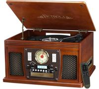 Victrola Navigator - Platine Vinyle Bluetooth 8-en-1 avec Haut-parleurs, CD, Cassette, Radio FM, USB, RCA, Casque, Streaming sans Fil - Bois véritable (Acajou)