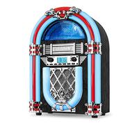 Victrola Jukebox nostalgique en bois avec haut-parleur Bluetooth intégré, ambiance rétro des années 50, 5 tubes LED à couleurs vives, radio FM, diffusion de musique sans fil, radio AM/FM, entrée AUX