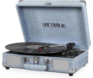 Victrola Tourne-Disque Bluetooth Portable en Forme de Valise avec Platine à 3 Vitesses de Style Vintage avec Haut-parleurs intégrés | Son Audio amélioré | avec Un Stylet supplémentaire | Lin Bleu