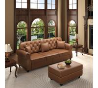 VICYROM Canapé Chesterfield 3 Places,Canapé d’Angle avec Pouf Marron | Structure bois massif,repose-pieds méridienne,accoudoirs arrondis,clous tapissier,dossier capitonné,3 coussins