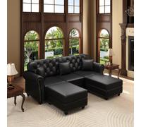 VICYROM Canapé Chesterfield 3 Places,Canapé d’Angle avec Pouf Noir | Structure bois massif,méridienne réversible,accoudoirs arrondis,clous tapissier,dossier capitonné,3 coussins