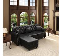 VICYROM Canapé Chesterfield 3 Places,Canapé d’Angle avec Pouf Noir | Structure bois massif,repose-pieds méridienne,accoudoirs arrondis,clous tapissier,dossier capitonné,3 coussins