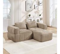 VICYROM Canapé d'angle 2 Places avec Pouf, Polyester, Sable | Mousse 32D, assise profonde, accoudoirs larges, base antidérapante; sans cadre rigide, sans montage, pour salon