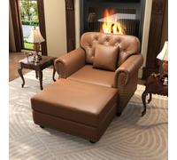 VICYROM Fauteuil Chesterfield 1 Place,Fauteuil avec Pouf Marron | Structure bois massif,repose-pieds assorti,accoudoirs arrondis,clous tapissier,dossier capitonné,pieds bois,coussin