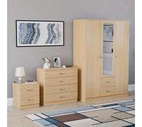 Vida Designs Riano Ensemble de chambre à coucher 3 pièces (1 commode de chevet, 4 commodes, 3 portes et 2 armoires avec miroir), vert (5) pin, avec table de chevet à 2 tiroirs