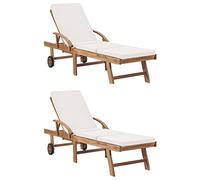 vidaXL 2X Bois de Teck Solide Chaises Longues avec Coussins Transat de Jardin Bain de Soleil de Terrasse Chaise Longue de Patio Extérieur Crème