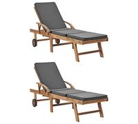 vidaXL 2X Bois de Teck Solide Chaises Longues avec Coussins Transat de Jardin Bain de Soleil de Terrasse Chaise Longue de Patio Extérieur Gris Foncé