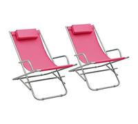 vidaXL 2X Chaises à Bascule Chaise Longue de Jardin Bain de Soleil de Terrasse Camping Patio Extérieur Pliable Inclinable Acier Rose
