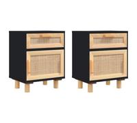 vidaXL 2X Tables de Chevet Tables de Nuit Armoires de Chevet Armoires de Lit Meubles de Chambre à Coucher Noir Bois de Pin Massif et Rotin Naturel