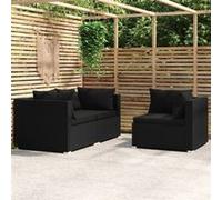vidaXL Salon de jardin 3 pièces Résine tressée avec coussins Noir