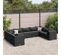 Salon de jardin 9 pcs avec coussins Noir Résine tressée, ensemble de canapés d'extérieur, canapé d'angle de jardin, salon de jardin d'angle