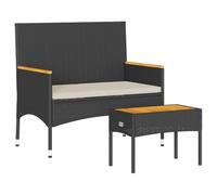 Banc de jardin - 2 places - Résine tressée - Coussins inclus - Table basse noire