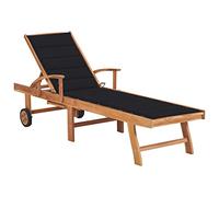 vidaXL Bois de Teck Solide Chaise Longue avec Coussin Transat de Patio Bain de Soleil d'Extérieur Chaise Longue de Terrasse Jardin Plage Noir