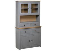 vidaXL Pin Massif Buffet Armoire de Rangement Commode Meuble de Rangement avec Un Compartiment Ouvert 4 Tiroirs 2 Portes et 2 Portes en Verre Maison Gris 93x40,5x180 cm