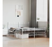 vidaXL Cadre de Lit Métal avec Tête de Lit Pied de Lit, Lit Double avec Sommier à Lattes, Lit Adulte avec Pied Chambre, Moderne, Blanc 150x200 cm