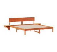 vidaXL Cadre de lit plateforme en bois de pin massif, marron ciré, 180 x 200 cm. Avec une tête de lit intégrée et des tables de chevet. Design moderne avec des pieds carrés. Idéal pour une chambre sim