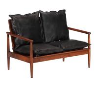 Canapé 2 places noir cuir véritable et bois d acacia solide