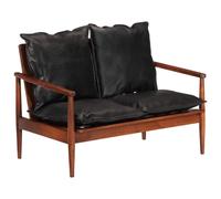 Canapé à 2 Places, Chaise avec Accoudoir, Fauteuil avec Coussin, Siège de Salon Salle de Séjour, Noir Cuir Véritable et Bois d'Acacia Massif