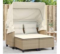 vidaXL Canapé de Jardin 2 Places avec Auvent et Tabourets, Siège de Patio, Meuble de Terrasse Balco Extérieur, Beige Résine 365784