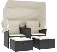 vidaXL Canapé de jardin 2 places avec toit et tabourets Noir Poly rotin